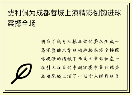费利佩为成都蓉城上演精彩倒钩进球震撼全场 费利佩为成都蓉城上演精彩倒钩进球震撼全场
